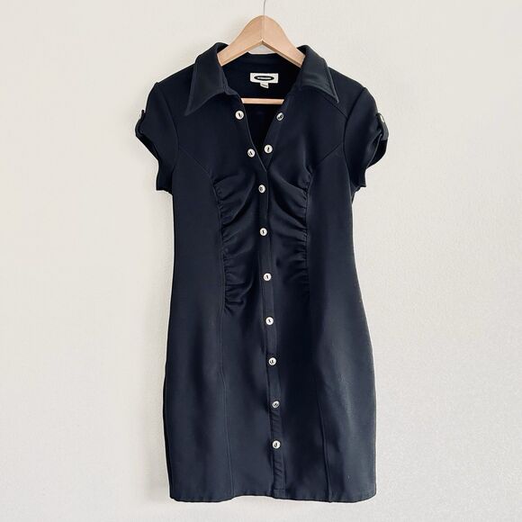 VTG Y2K Ruched Bodycon Dress Sz 8 Black Stretch Silver Button CorporateGoth Punk - Picture 1 of 12